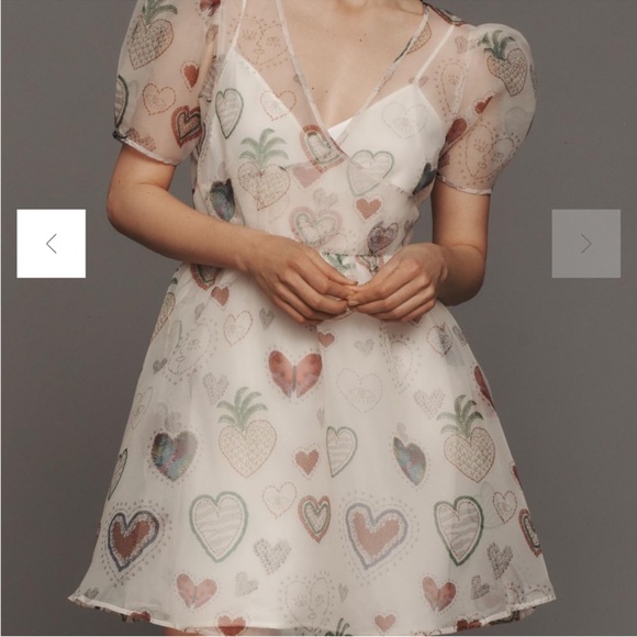 NWT Farm Rio x Anthropologie Heart Print Sheer Puff Sleeve Mini Dress XS NWT - Picture 4 of 6